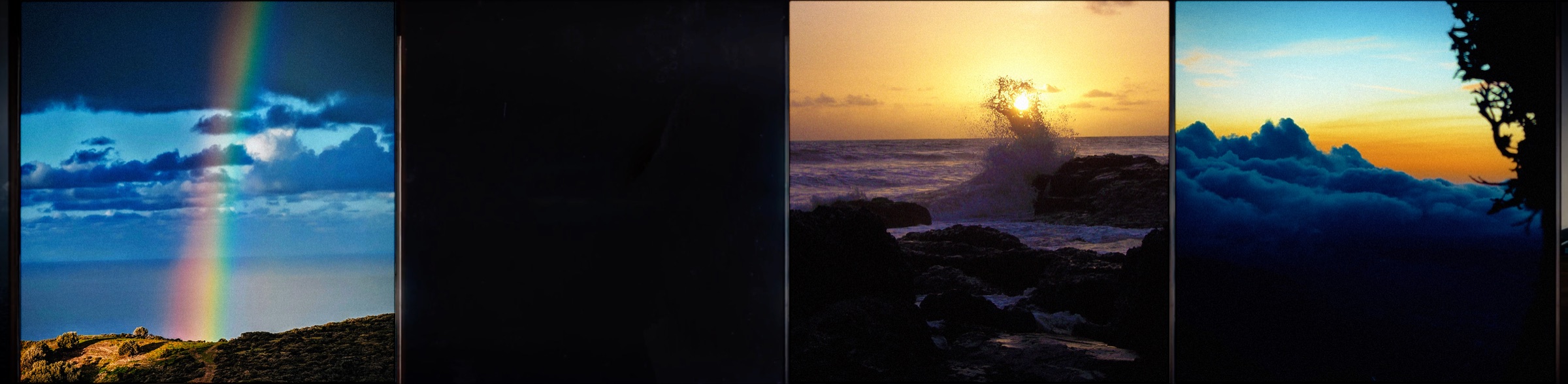 A rainbow over the Cretan countryside, waves breaking on the rocks, and a sunrise above the clouds