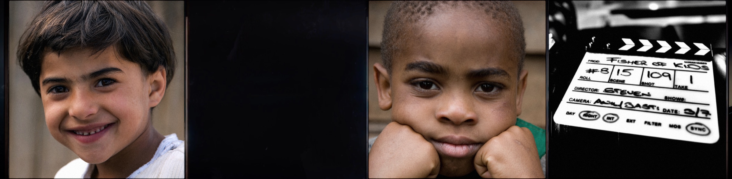 Portraits of children in Europe and Tanzania beside the clapperboard used on the set of Fisher of Kids