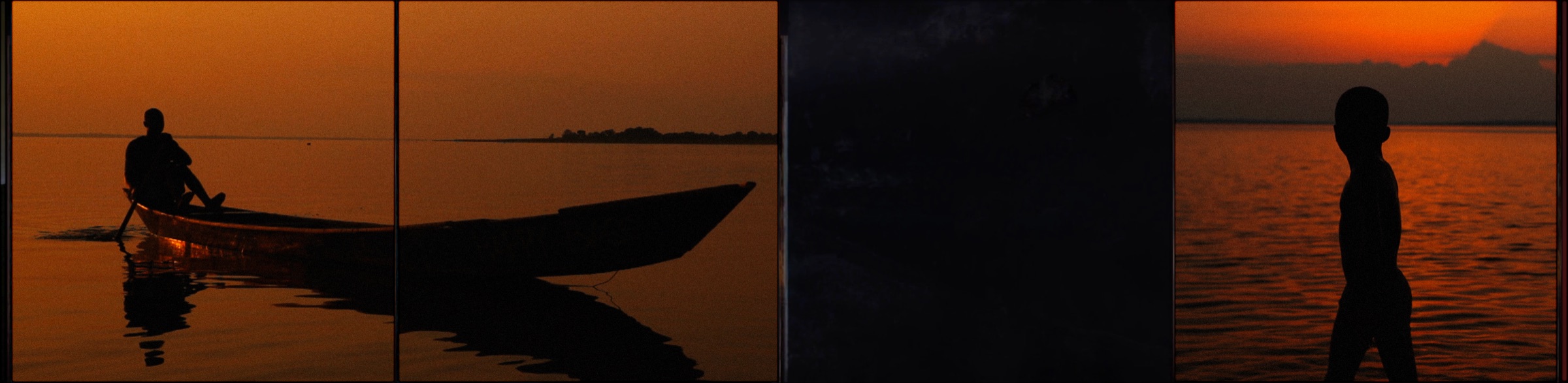 A fisherman steering his boat at sunset on Lake Volta, with the young protagonist of Fisher of Kids