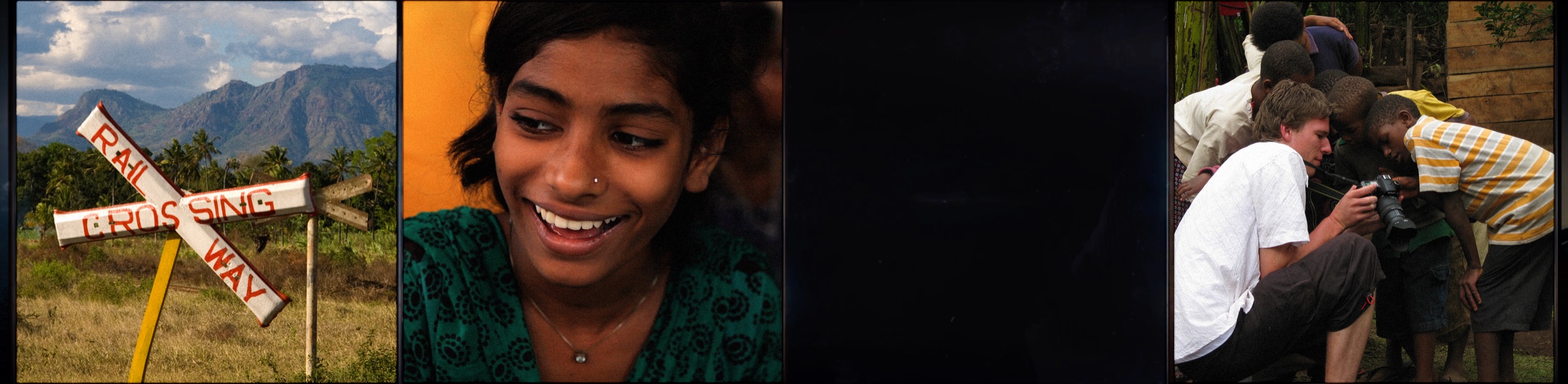 Steven Keen at the camera surrounded by curious children, beside a portrait from a documentary series he produced in India