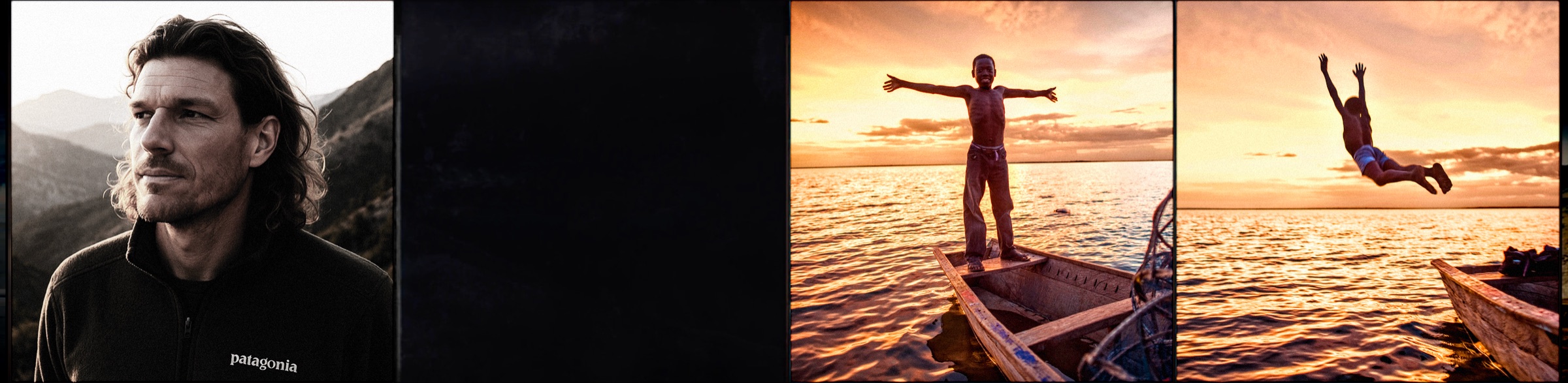 Filmmaker Steven Keen beside frames of a boy leaping from a fishing boat on Lake Volta, Ghana, where Fisher of Kids was filmed
